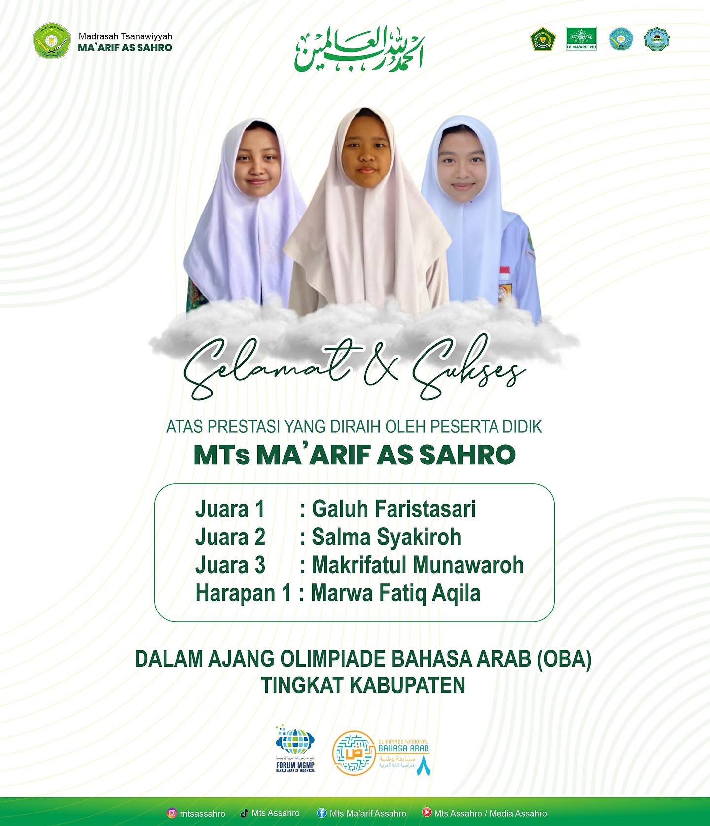 Prestasi Gemilang! Empat Srikandi MTs Ma'arif As Sahro Dominasi Juara OBA Tingkat Kabupaten