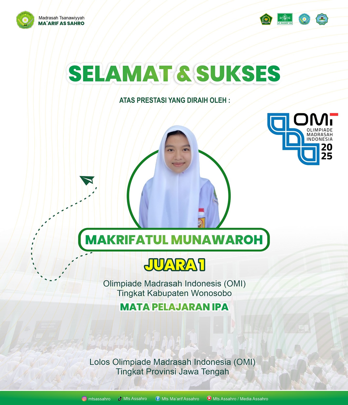 Raih Emas OMI 2025, Siswi MTs Ma'arif As Sahro Wakili Wonosobo ke Provinsi